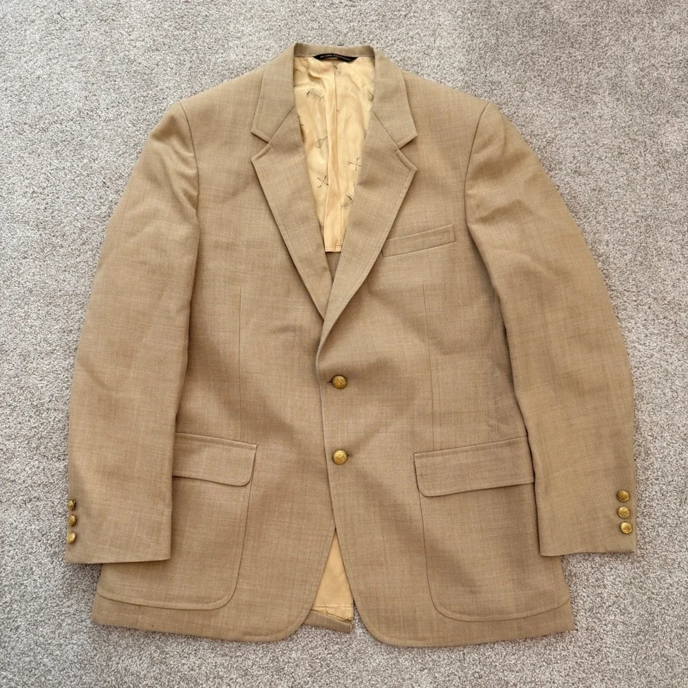 VTG Kingsridge Sport Coat Mens 40R Tan Gold Buttons Custom Fabric Blazer USA